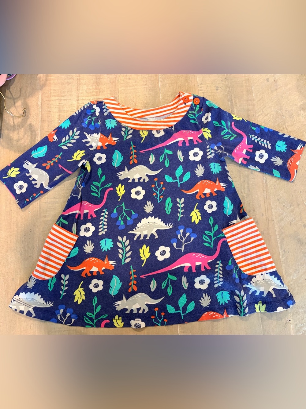 MB Navy Dinosaur Print Dress with Orange Stripe Accents